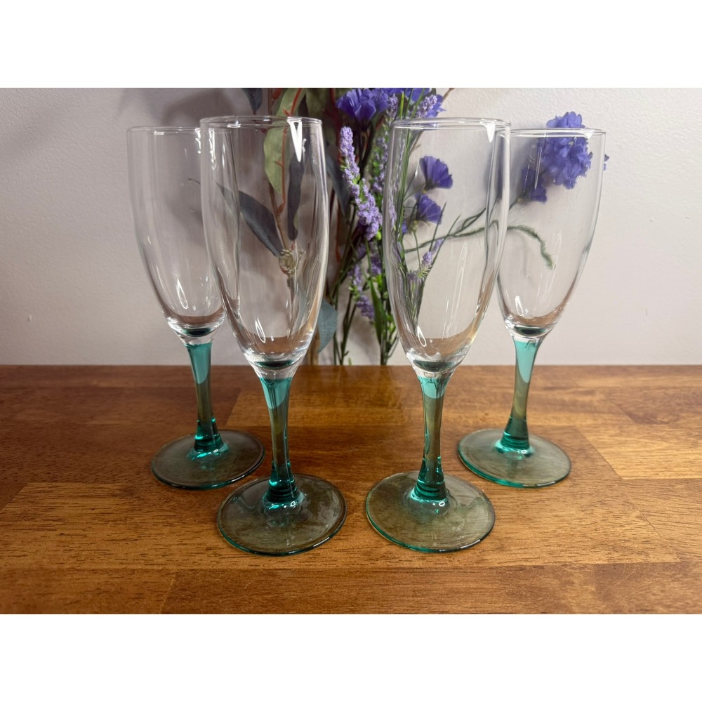 Aqua Green Stem Champagne Flutes Clear Glass Toasting Glasses Vintage Barware